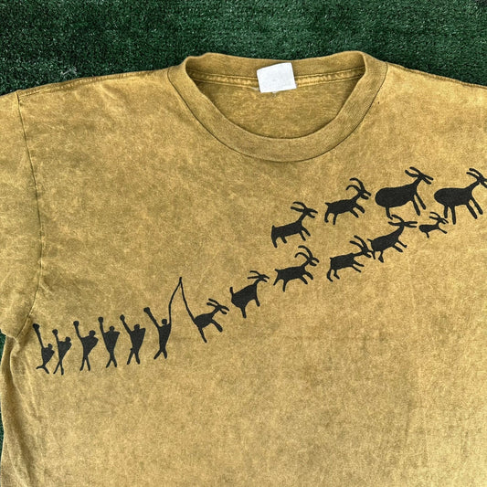 Vintage 90s Native Indian Cave Art T-Shirt Tie Dye Tan XL Single Stitch Hunting