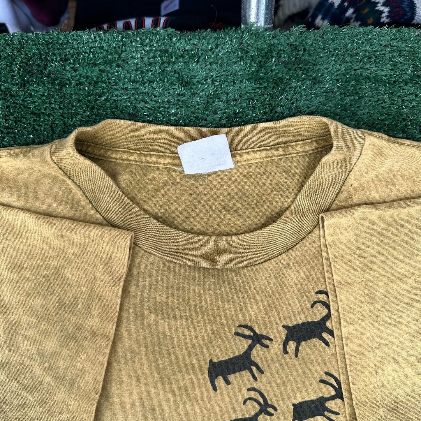 Vintage 90s Native Indian Cave Art T-Shirt Tie Dye Tan XL Single Stitch Hunting