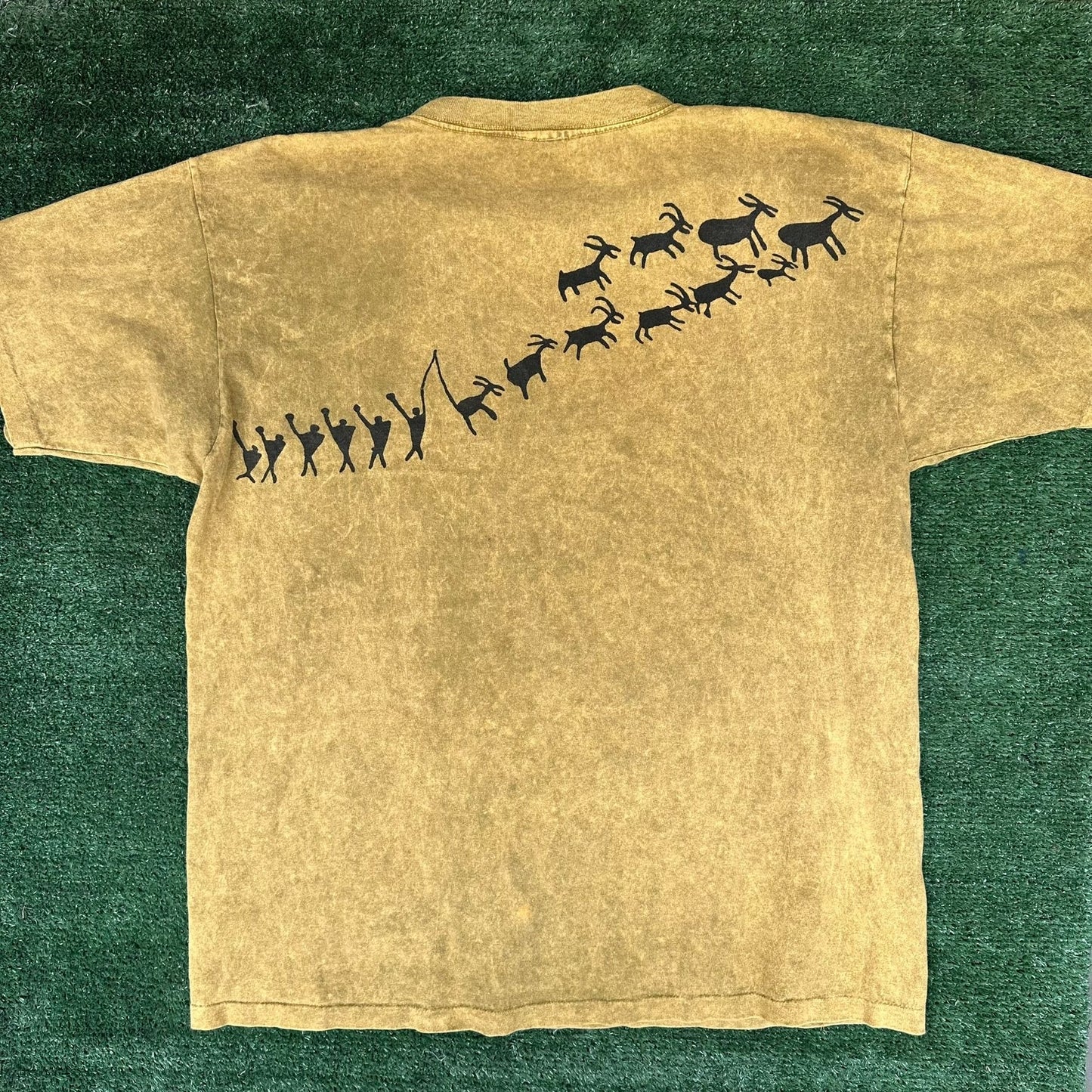 Vintage 90s Native Indian Cave Art T-Shirt Tie Dye Tan XL Single Stitch Hunting