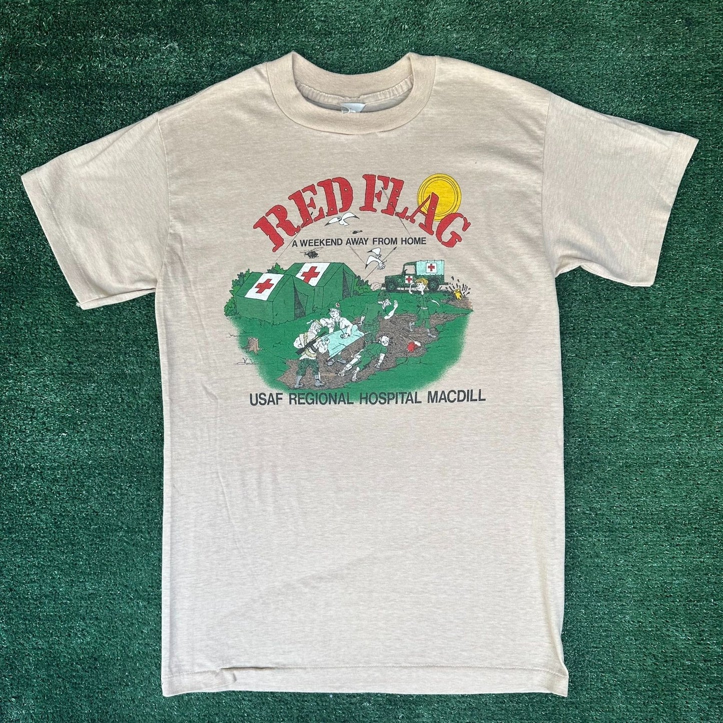 Vintage 80s MacDill AFB Hospital T-Shirt Military Air Force Single Stitch Beige