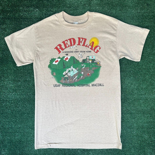 Vintage 80s MacDill AFB Hospital T-Shirt Military Air Force Single Stitch Beige