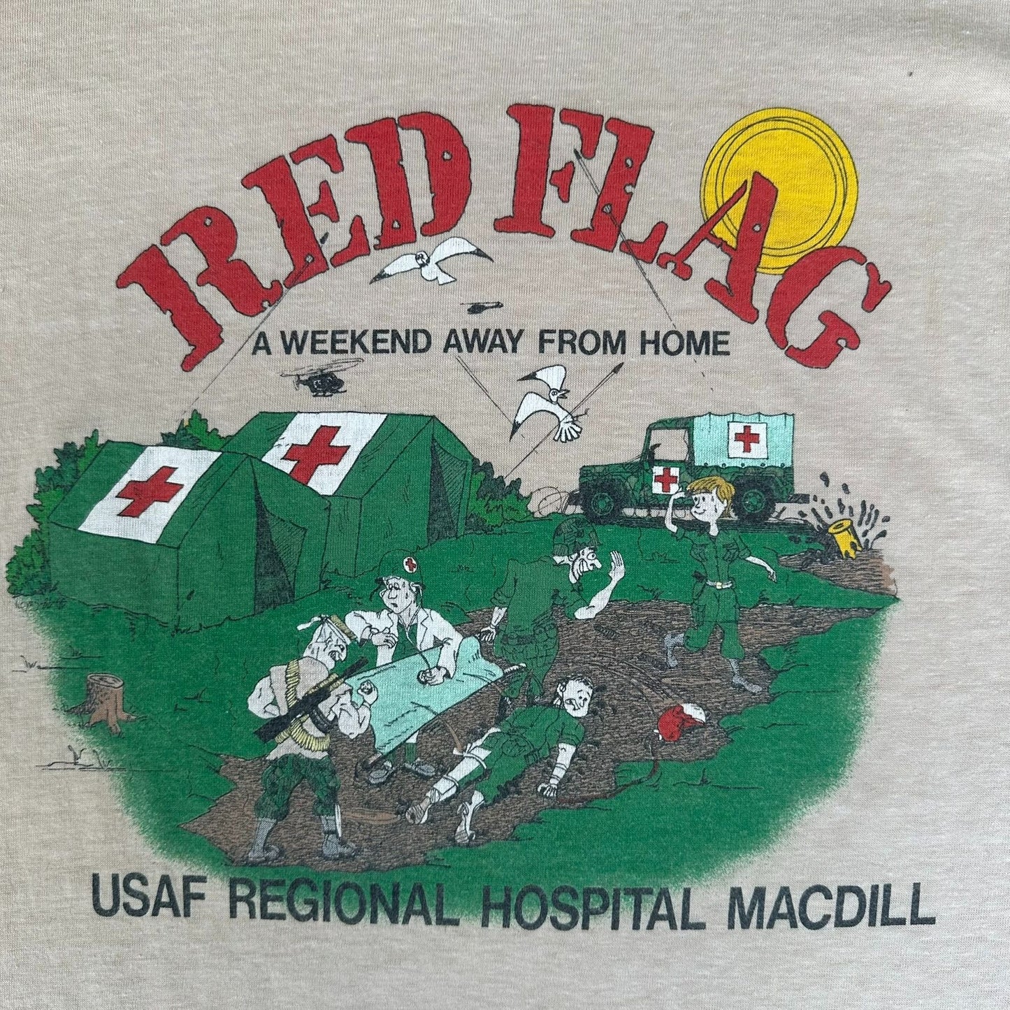 Vintage 80s MacDill AFB Hospital T-Shirt Military Air Force Single Stitch Beige