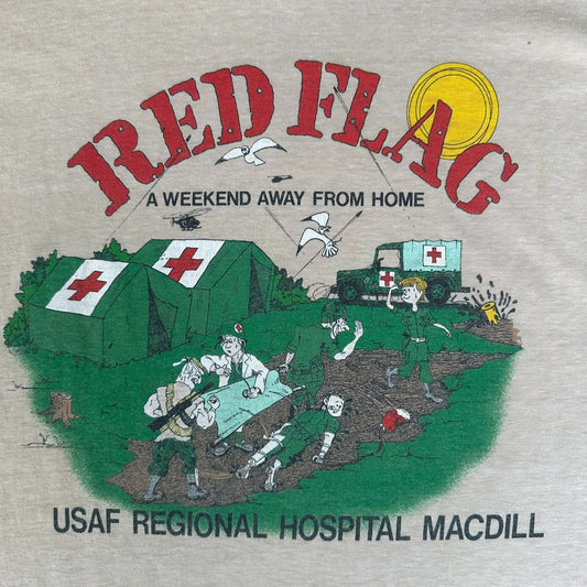 Vintage 80s MacDill AFB Hospital T-Shirt Military Air Force Single Stitch Beige