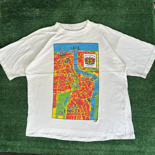 Vintage 90s London England Map T-Shirt Single Stitch White XL Tourist Streetwear