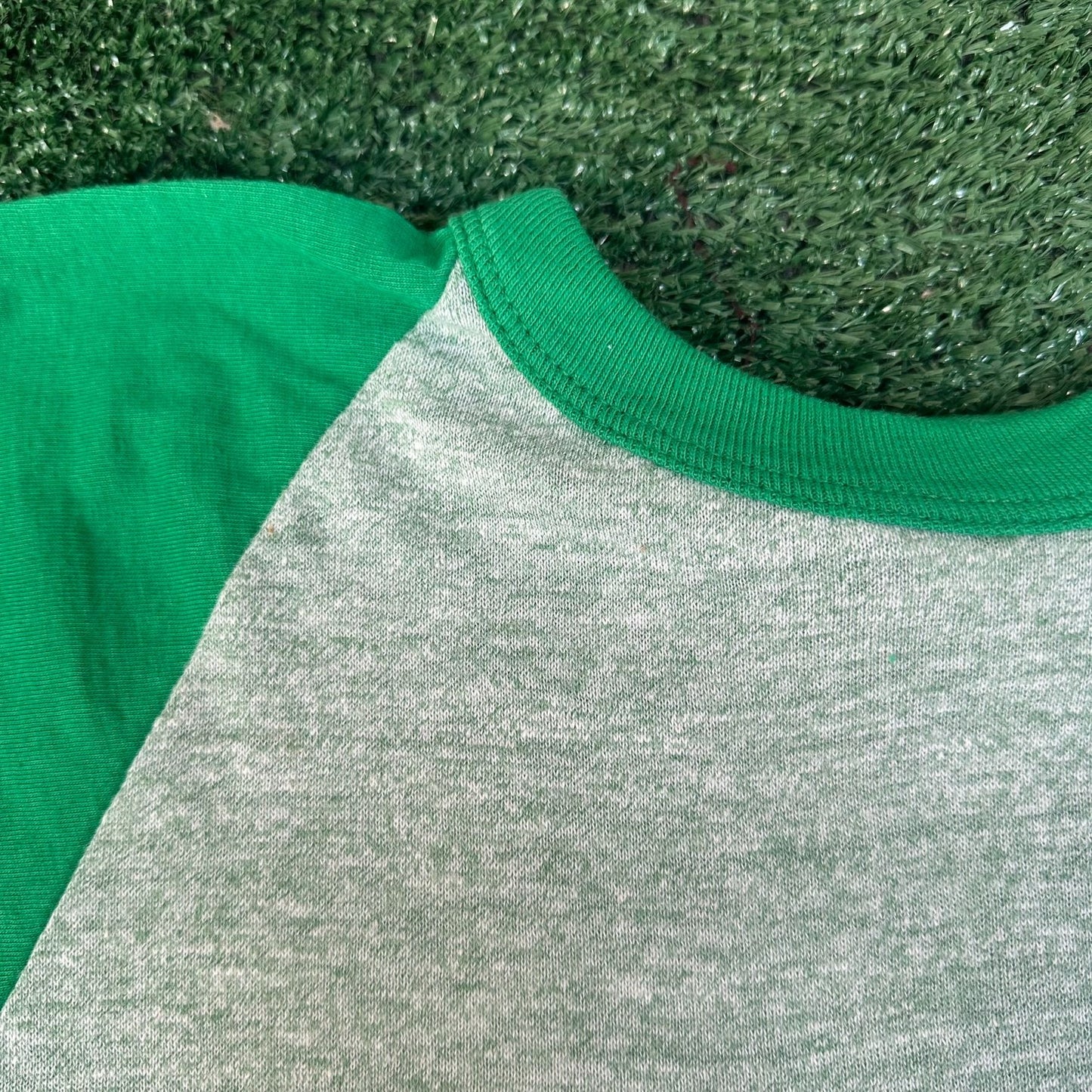 Vintage 70s Russell Heather Green Raglan T-Shirt Blank Plain 3/4 Single Stitch M