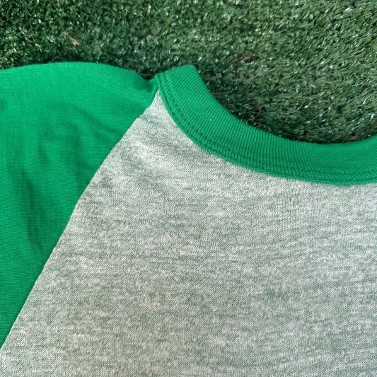 Vintage 70s Russell Heather Green Raglan T-Shirt Blank Plain 3/4 Single Stitch M