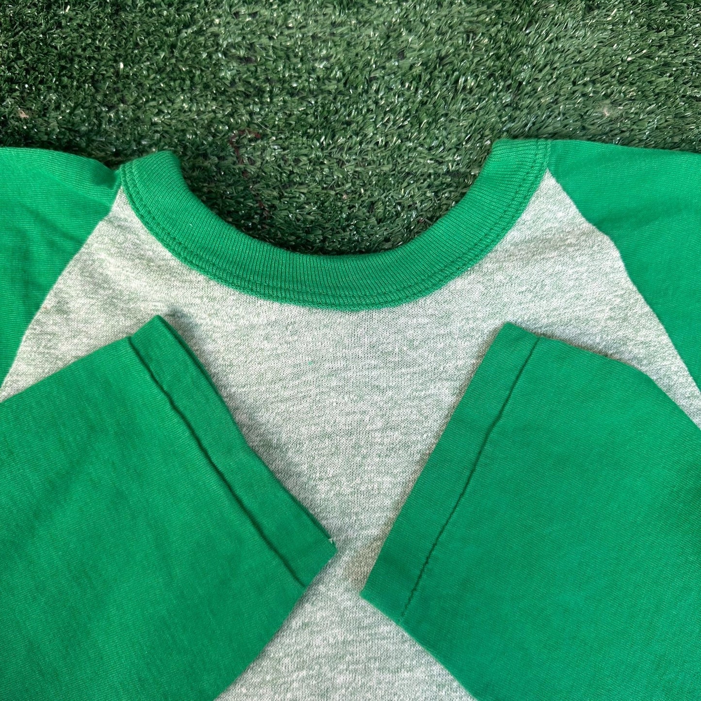 Vintage 70s Russell Heather Green Raglan T-Shirt Blank Plain 3/4 Single Stitch M