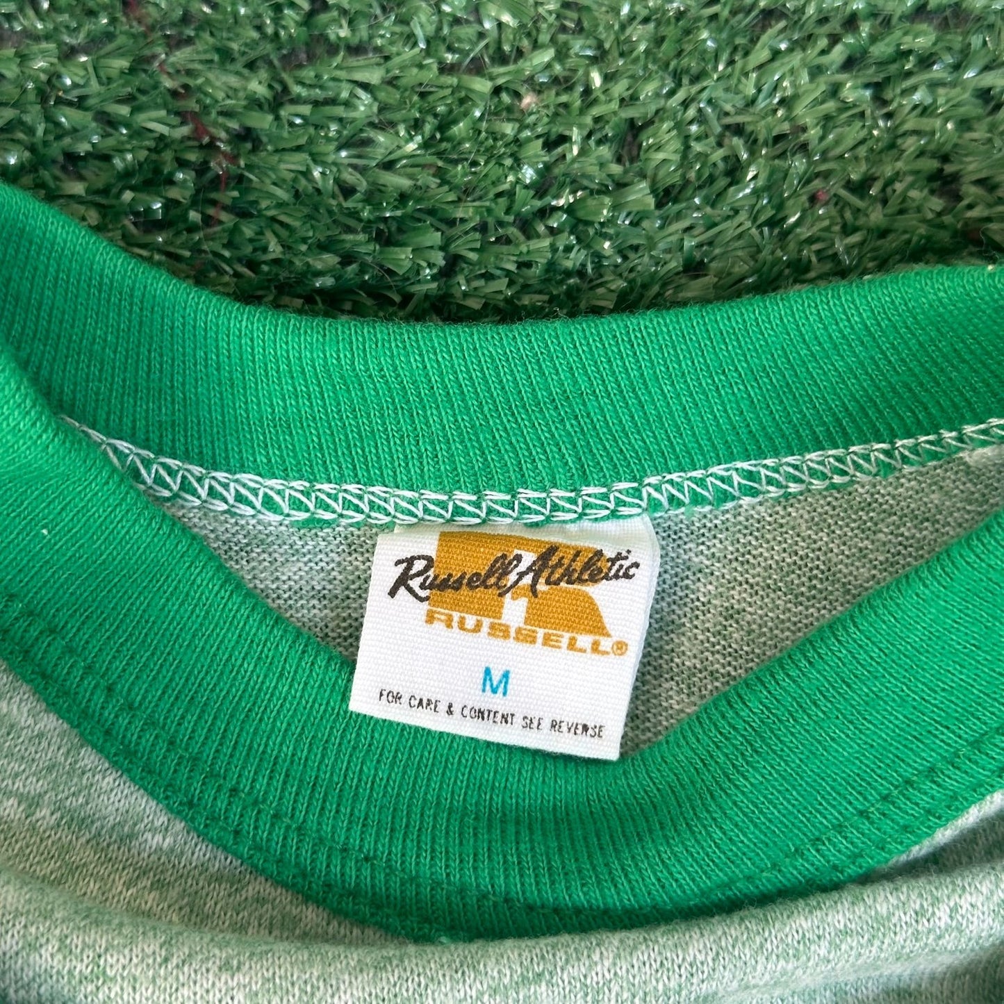 Vintage 70s Russell Heather Green Raglan T-Shirt Blank Plain 3/4 Single Stitch M