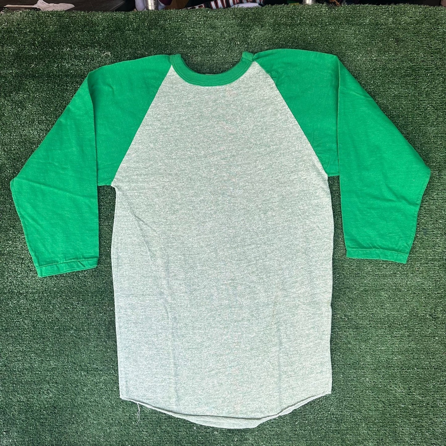 Vintage 70s Russell Heather Green Raglan T-Shirt Blank Plain 3/4 Single Stitch M