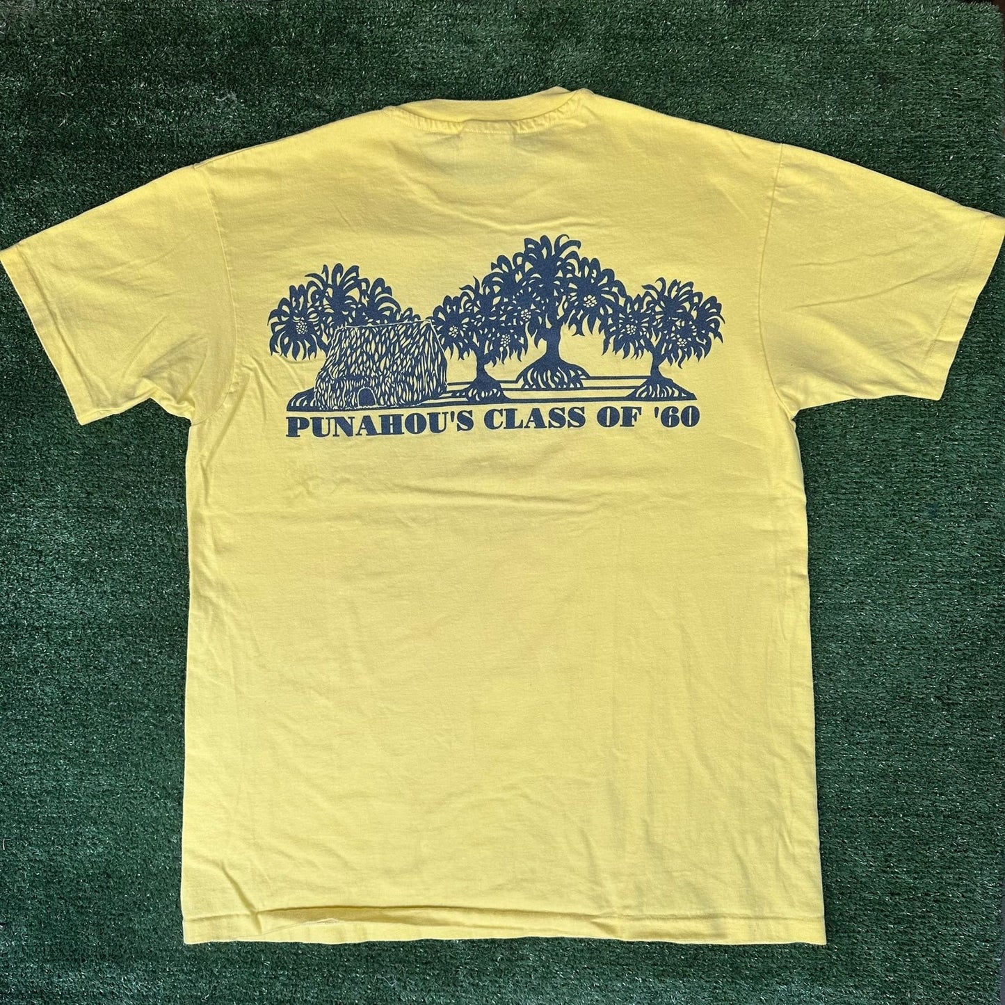 Vintage 90s Honolulu Punahou School Reunion T-Shirt Yellow L Tropical Hawaii