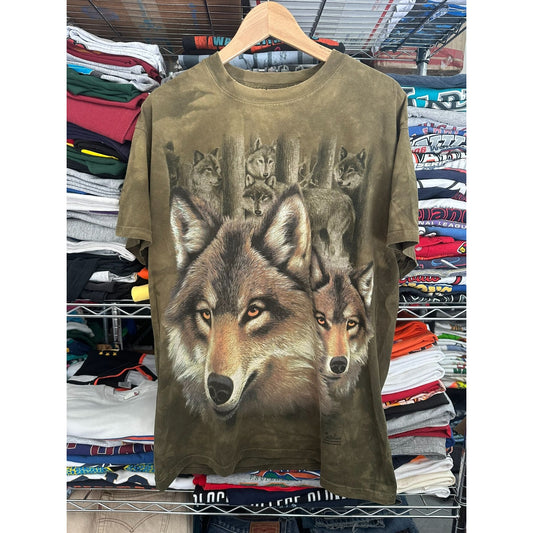 Vintage Y2K The Mountain Wolf Pack T-Shirt Gorpcore Nature Granola Olive Tie Dye