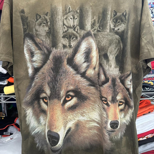 Vintage Y2K The Mountain Wolf Pack T-Shirt Gorpcore Nature Granola Olive Tie Dye