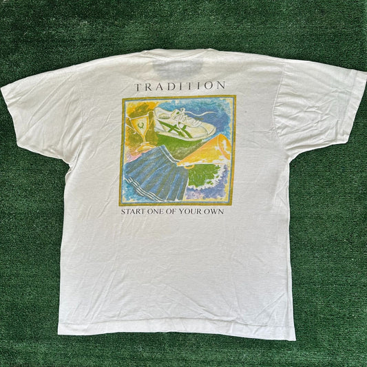 Vintage 90s ASICS Tradition Watercolor T-Shirt Single Stitch White L Streetwear
