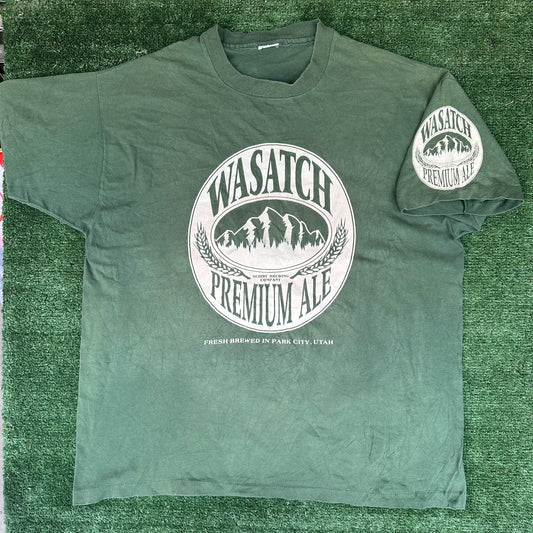 Vintage 90s Wasatch Premium Ale Brewery T-Shirt Green XL Single Stitch Sun Faded