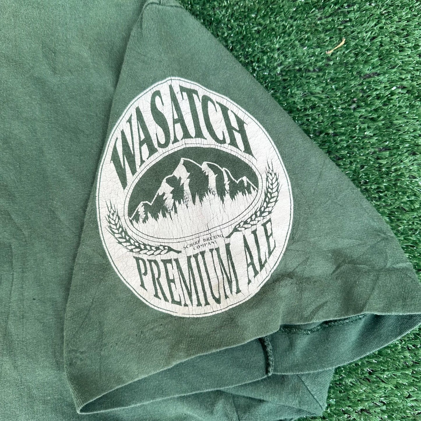Vintage 90s Wasatch Premium Ale Brewery T-Shirt Green XL Single Stitch Sun Faded
