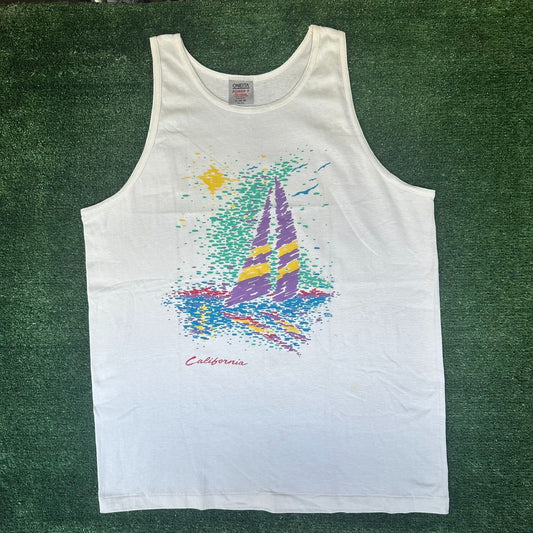 Vintage 90s California Sailing Tank Top Single Stitch Surf White XL Beach Summer