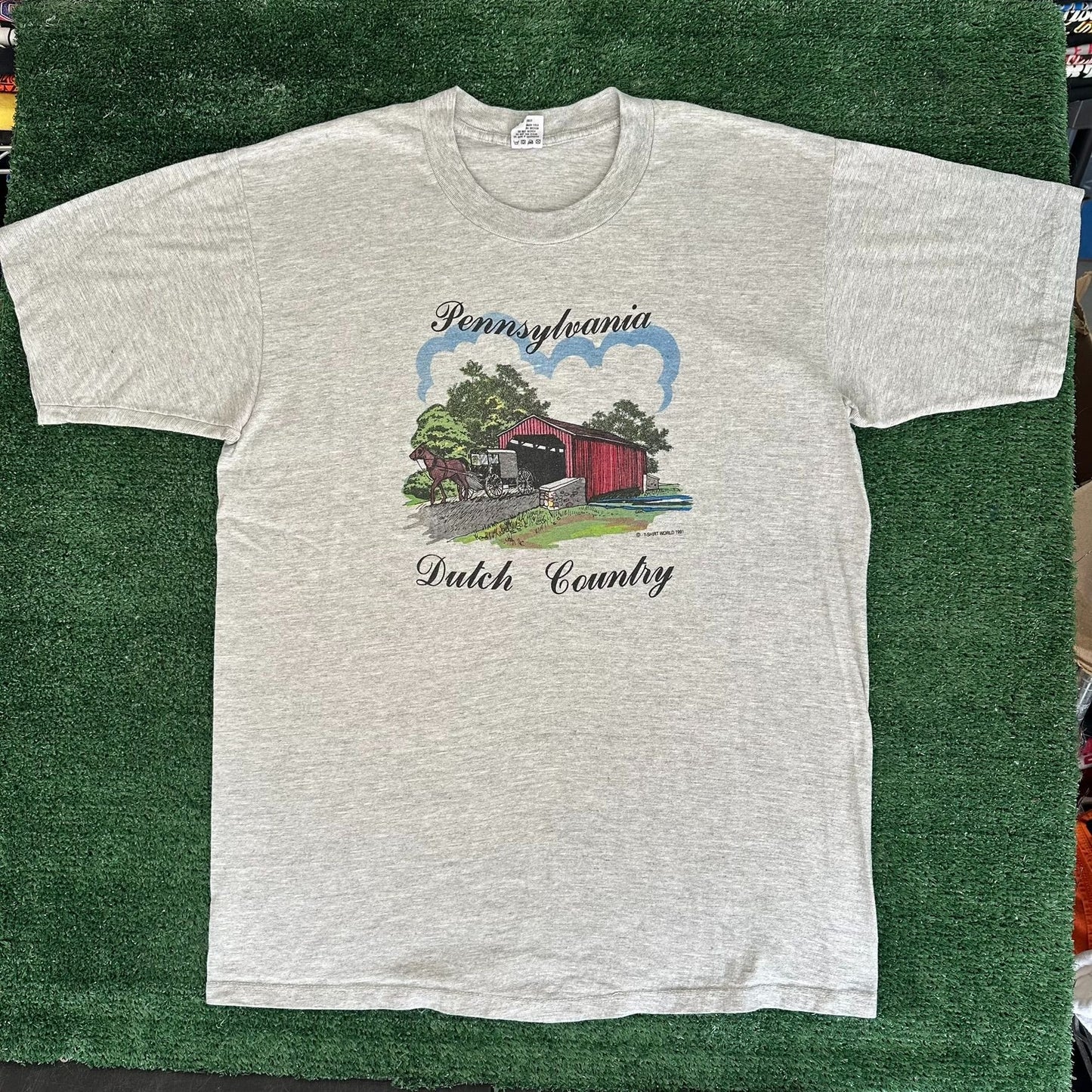 Vintage 90s Pennsylvania Dutch Amish T-Shirt Single Stitch Gray XL Americana