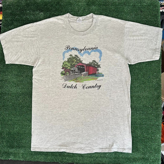 Vintage 90s Pennsylvania Dutch Amish T-Shirt Single Stitch Gray XL Americana