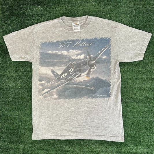 Vintage 90s Grumman F6F Hellcat T-Shirt Military Aviation WW2 Air Force Gray M