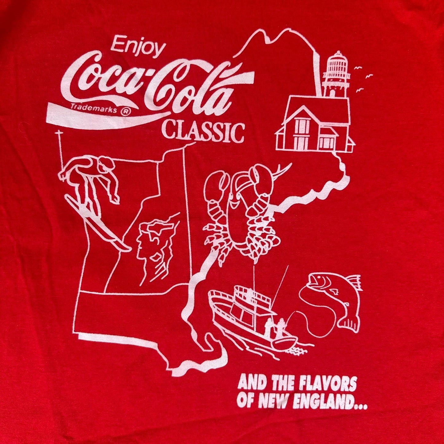 Vintage 80s Coca Cola Flavors New England Map T-Shirt Single Stitch Red XL Coke