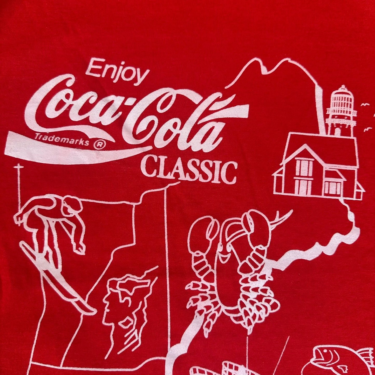 Vintage 80s Coca Cola Flavors New England Map T-Shirt Single Stitch Red XL Coke