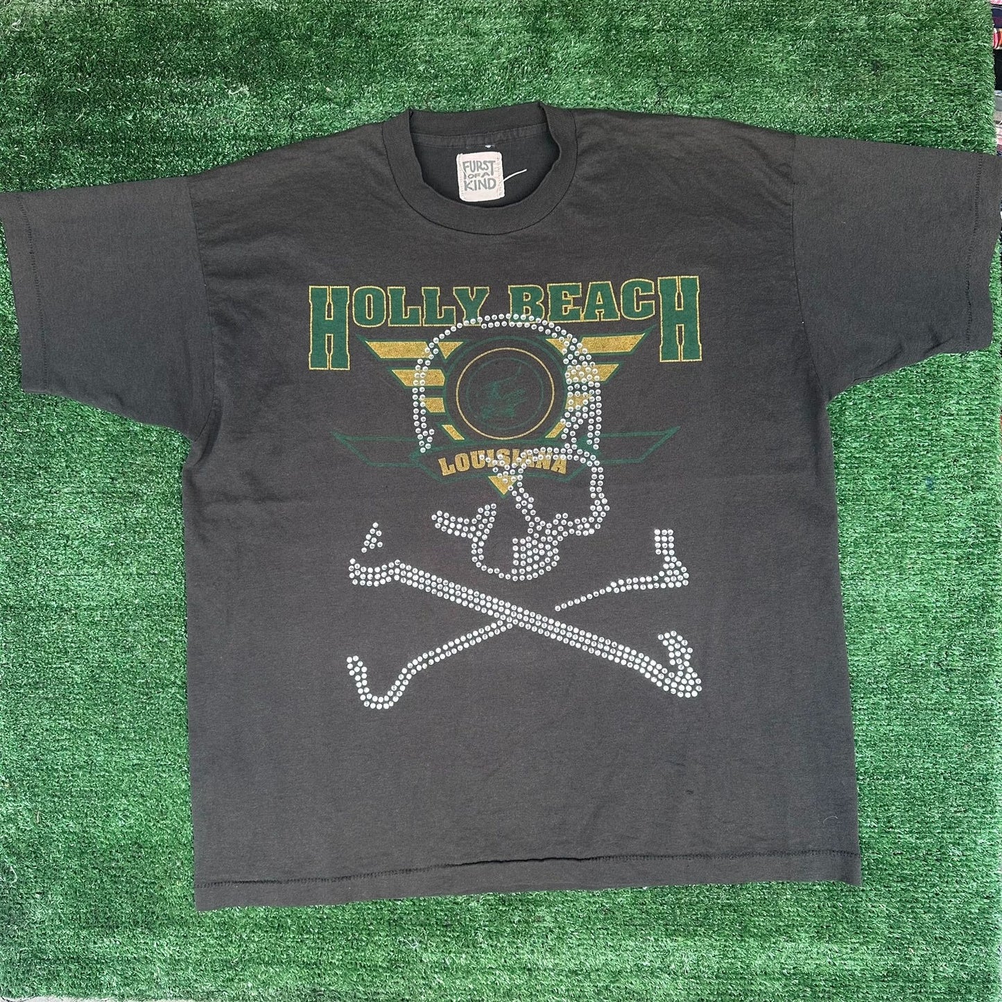 Vintage 90s Holly Beach Louisiana Skull T-Shirt Black XL Bedazzled Single Stitch