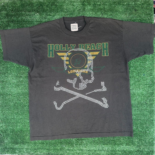Vintage 90s Holly Beach Louisiana Skull T-Shirt Black XL Bedazzled Single Stitch