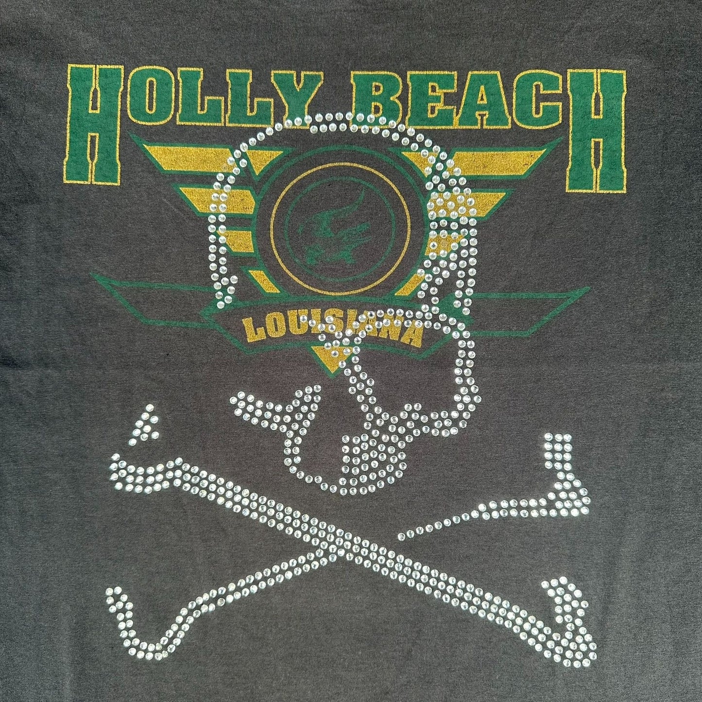 Vintage 90s Holly Beach Louisiana Skull T-Shirt Black XL Bedazzled Single Stitch