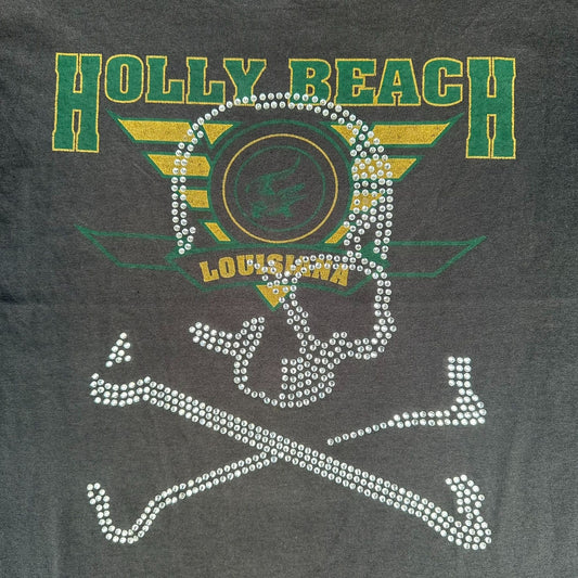 Vintage 90s Holly Beach Louisiana Skull T-Shirt Black XL Bedazzled Single Stitch
