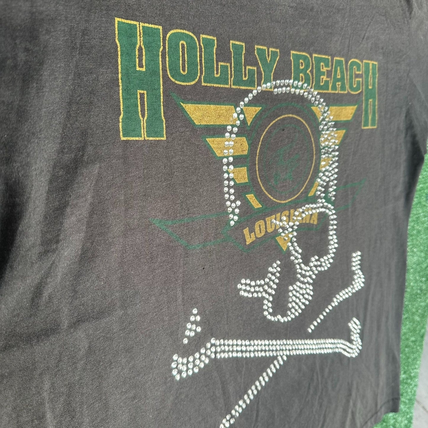 Vintage 90s Holly Beach Louisiana Skull T-Shirt Black XL Bedazzled Single Stitch