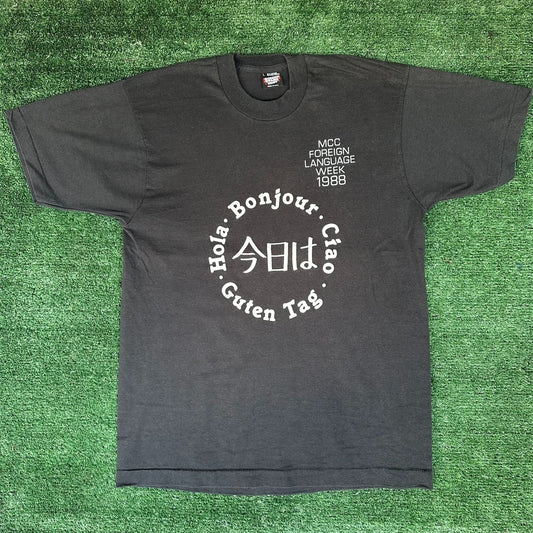 Vintage 80s Foreign Language Week T-Shirt Single Stitch Black M Academic Grunge