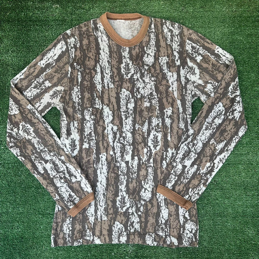 Vintage 80s Realtree Bark Camo T-Shirt Long Sleeve Single Stitch Outdoor Hunting