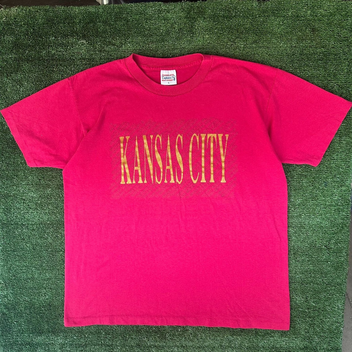 Vintage 80s Kansas City Missouri T-Shirt Single Stitch L Magenta Gold Glitter