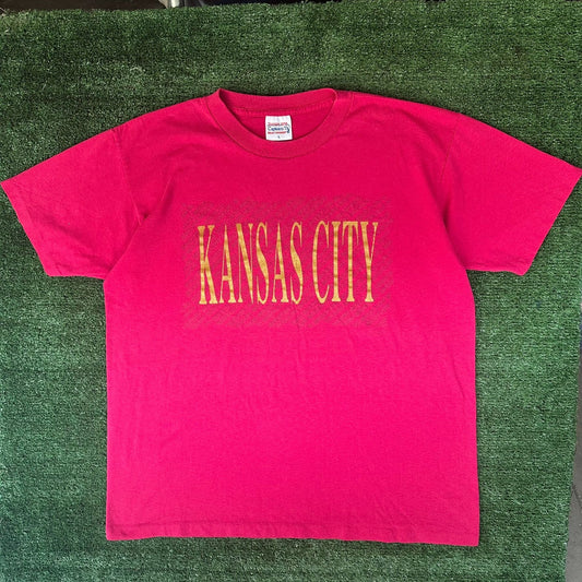 Vintage 80s Kansas City Missouri T-Shirt Single Stitch L Magenta Gold Glitter