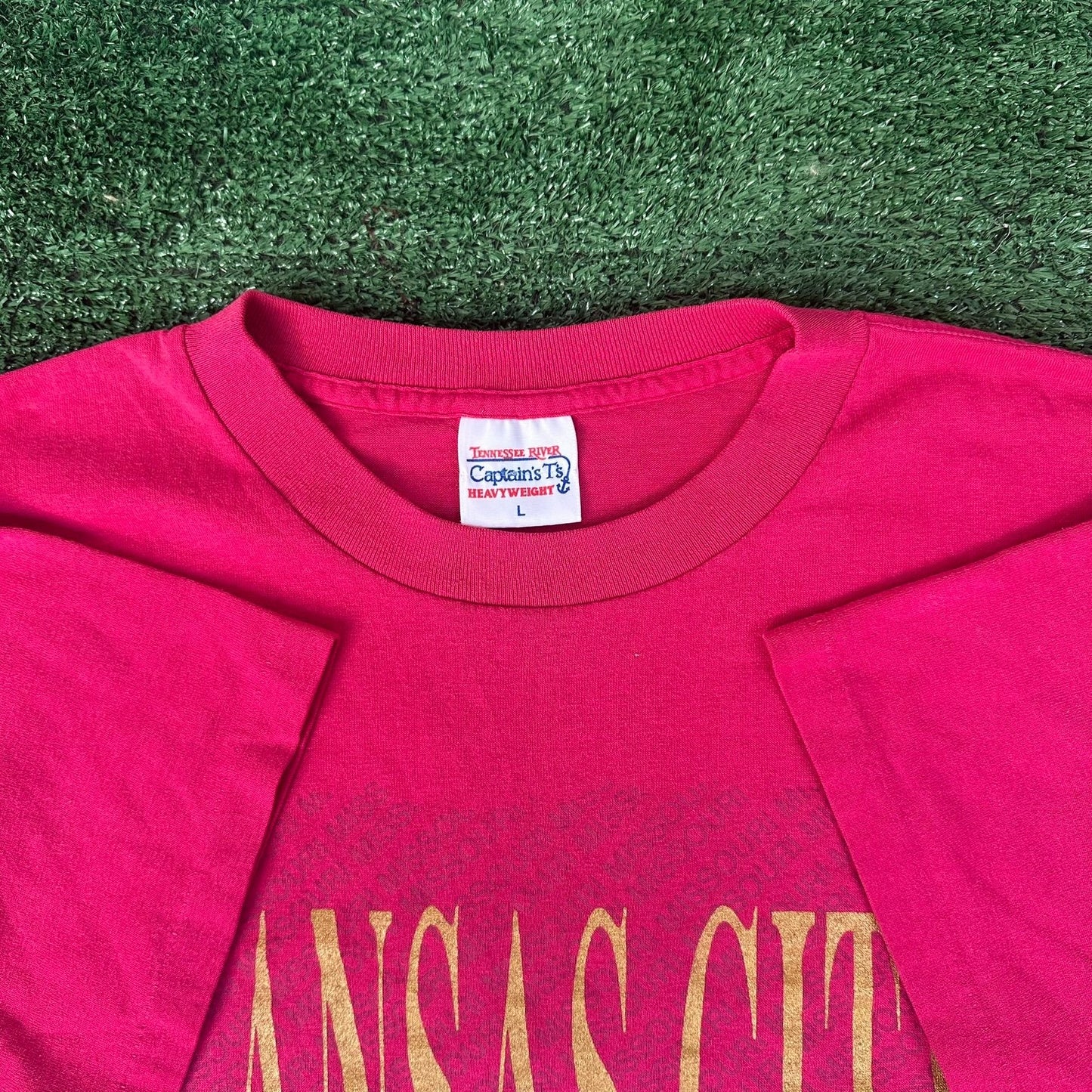 Vintage 80s Kansas City Missouri T-Shirt Single Stitch L Magenta Gold Glitter