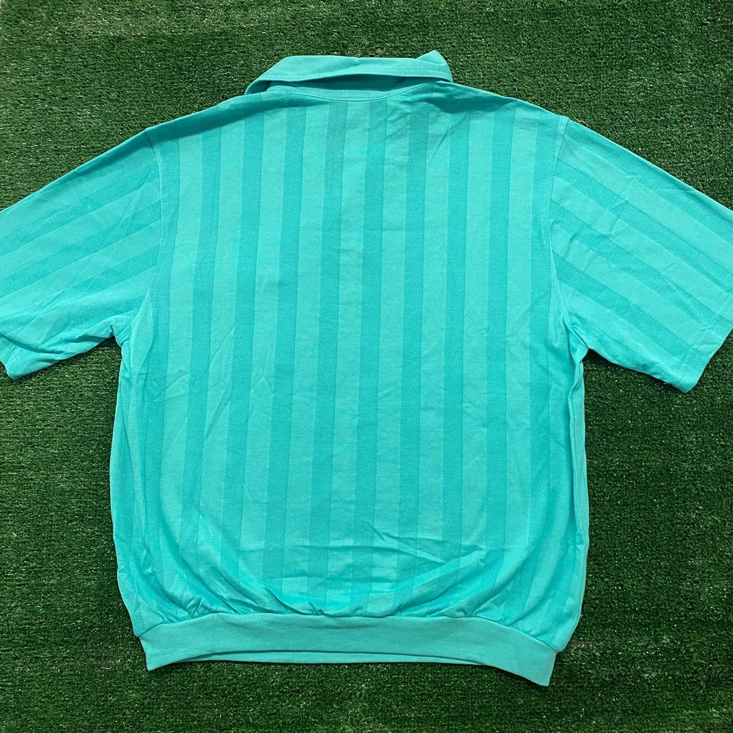 Teal Blue Striped Vintage Preppy Vented Polo Shirt