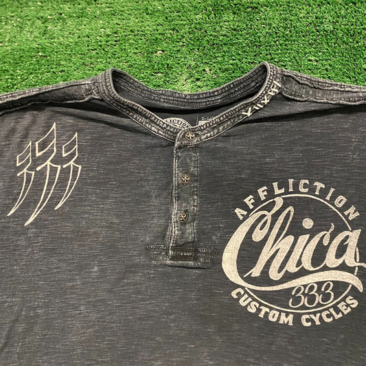 Affliction Motorcycles Vintage Moto Biker Henley T-Shirt