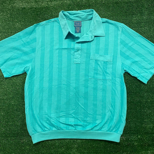 Teal Blue Striped Vintage Preppy Vented Polo Shirt