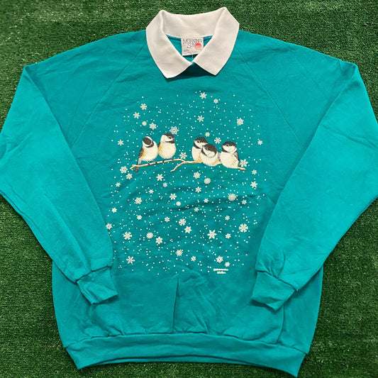 Winter Birds Vintage 90s Nature Grandma Polo Sweatshirt