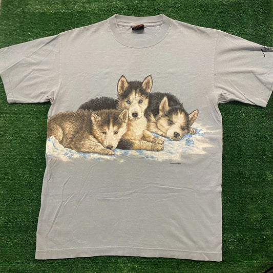 Husky Wolf Puppies Vintage 90s Nature Animals T-Shirt