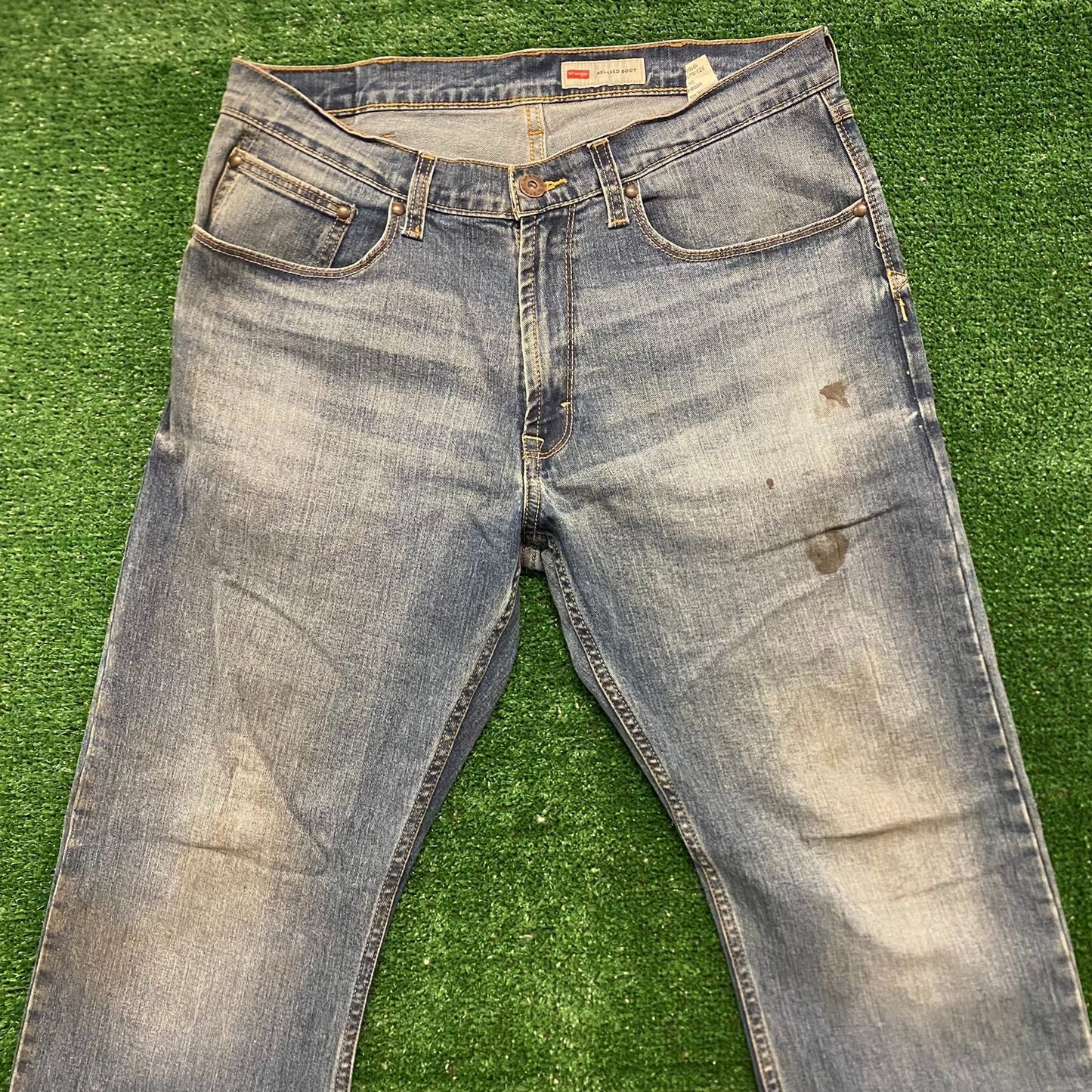 Wrangler Distressed Relaxed Boot Cut Denim Jeans Pants