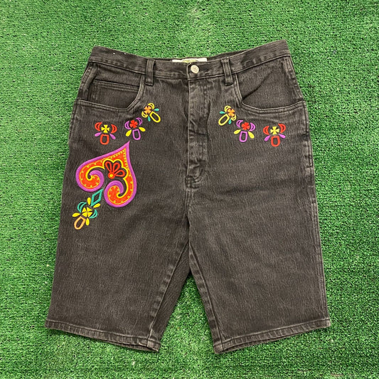Floral Embroidered Vintage Black Denim Shorts