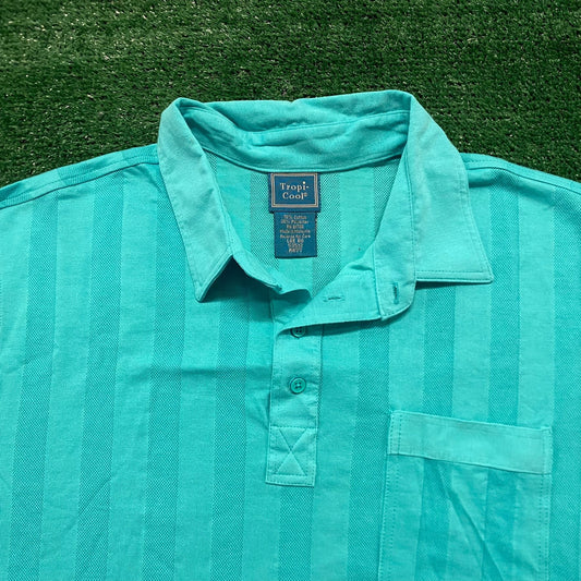 Teal Blue Striped Vintage Preppy Vented Polo Shirt