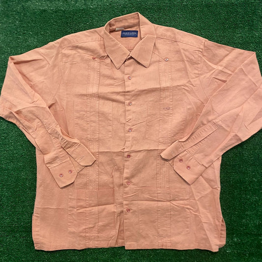 Pastel Orange Linen Vintage Button Up Guayabera Shirt